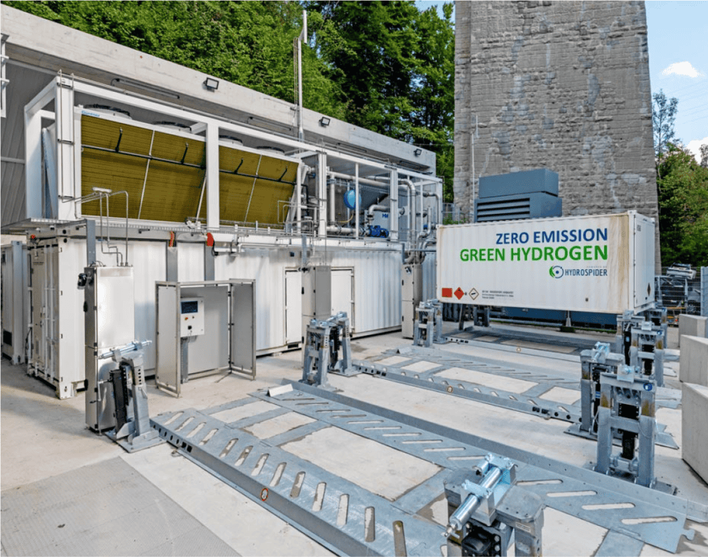 Outdoor green hydrogen production facility with equipment, storage containers, and a sign reading "Zero Emission Green Hydrogen" near a building and trees in the background.