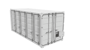 Ein weißer Versandcontainer mit mehreren Seitentüren und einer offenen Schalttafel an einer der Endtüren vor einem schlichten weißen Hintergrund.