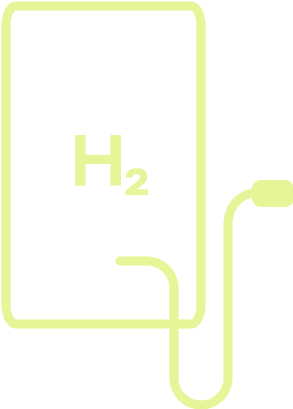 Outline illustration of a hydrogen interface panel with the chemical symbol "H₂" and a connected hose or cable.