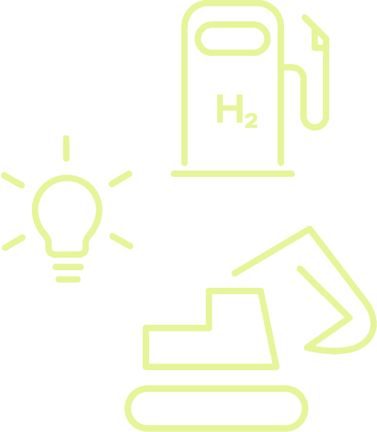 Outline icons of a fuel pump labeled "H₂", a glowing light bulb, and construction equipment, representing hydrogen energy and its applications.