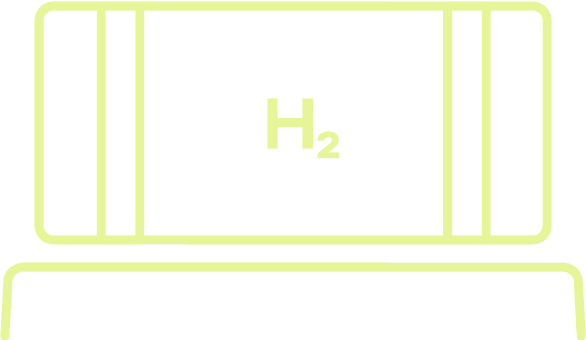Illustration of a hydrogen gas (H₂) storage tank and the chemical symbol H₂ in the center. Placed on a docking Station.