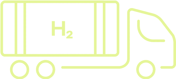 Outline illustration of a truck transporting a container labeled "H₂," representing hydrogen transportation.